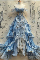 Vintage Ball Gown Strapless Off The Shoulder Blue Lace Semi Formal Prom Dresses Party Dress